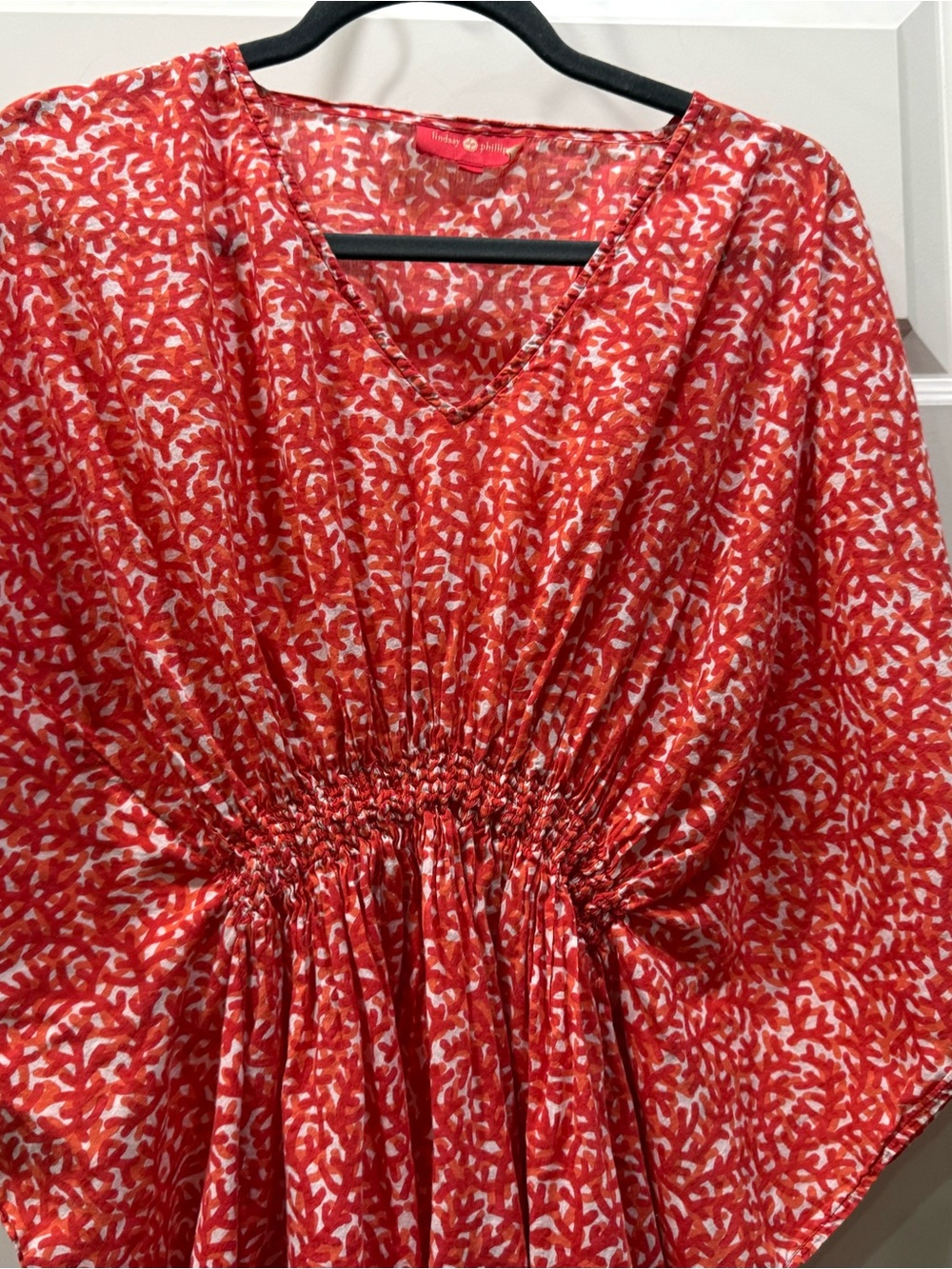 Lindsay Phillips Coral / Red Abstract Print Smocked Kaftan Dress M/L - Picture 2 of 10